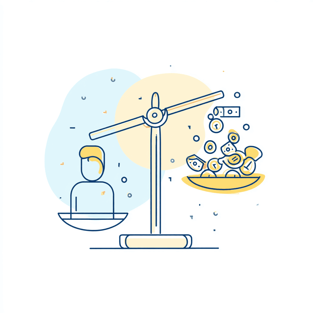 Illustratie van een weegschaal met een medewerker en geld, als metafoor voor de kosten van personeelsverloop
