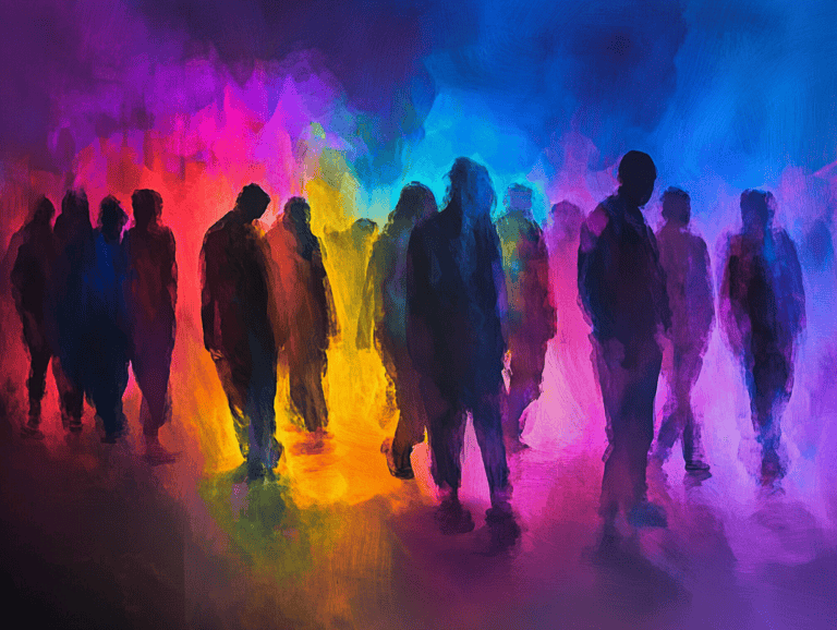 Dynamische illustratie van diverse mensen die samenkomen op een kleurrijk en abstract achtergrond, symboliserend verbinding en samenwerking in het bedrijfsleven.