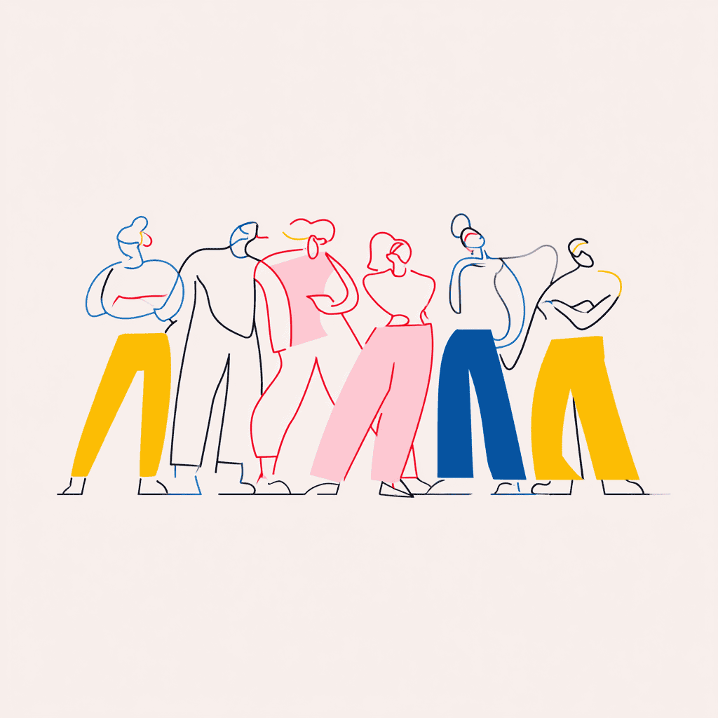 Teamwork en zakelijke samenwerking illustratie, creatieve lijntekening van diverse professionals, zakelijk succes, ondernemers, teamwork, bedrijfsgroeistrategieën, zakelijke netwerkmogelijkheden, professionele ontwikkeling, moderne bedrijfscultuur.