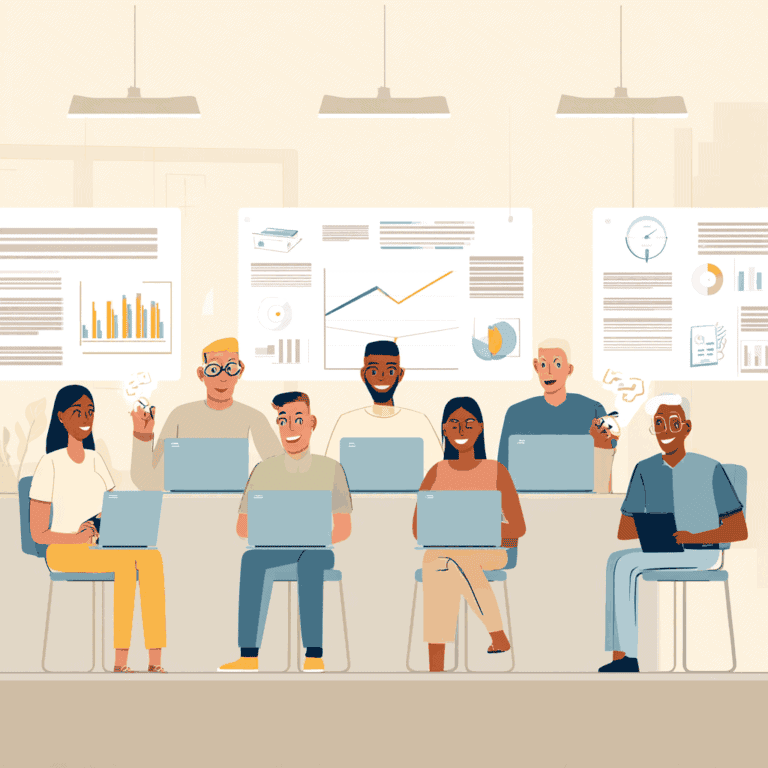 Diverse zakelijke teamleden werken samen aan digitale projecten in een modern kantoor, gericht op bedrijfswinst, teamwork en innovatie.