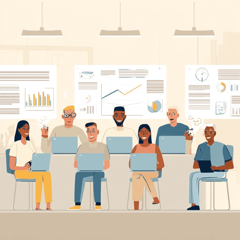 Illustratie van medewerkers die anoniem een medewerkersonderzoek invullen