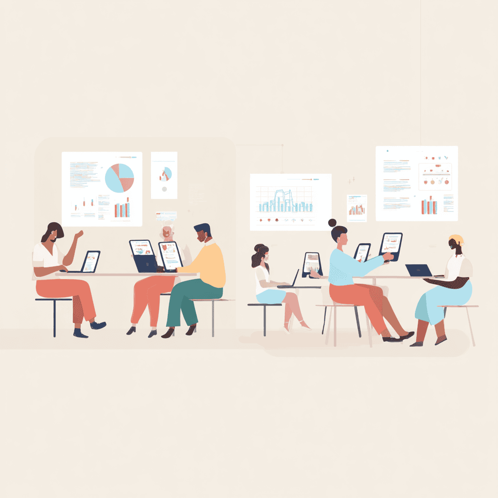 Illustratie van medewerkers die periodiek een tevredenheids onderzoek invullen op laptop of tablet,