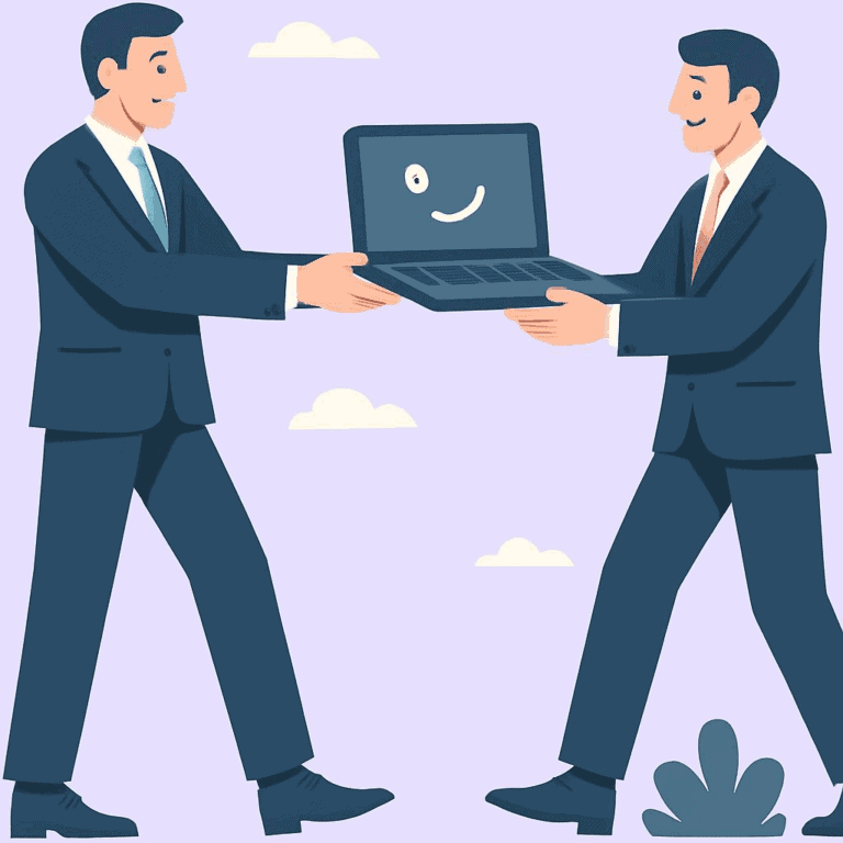 Innovatieve zakelijke samenwerking met digitale technologie, twee zakenmannen overhandigen elkaar een laptop met een glimlach, symboliseert bedrijfsinnovatie en digitale oplossingen, zakelijk succes en partnerschap.
