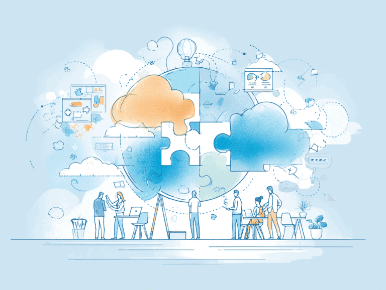 Cloud computing en digitale transformatie in zakelijk leiderschap, illustratie van samenwerkende mensen en verbondenheid via technologie, focus op Cloud-diensten, innovatie en bedrijfsontwikkeling.