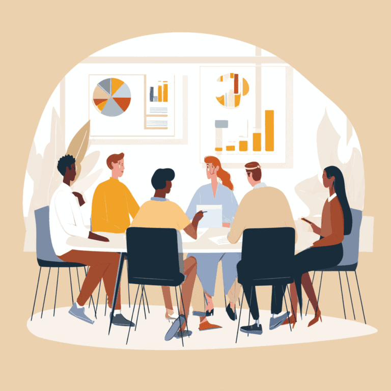 Efficiënte zakelijke vergadering met diverse teamleden die gegevens en strategieën bespreken, met grafieken en rapporten op de achtergrond voor zakelijke groei en succes.