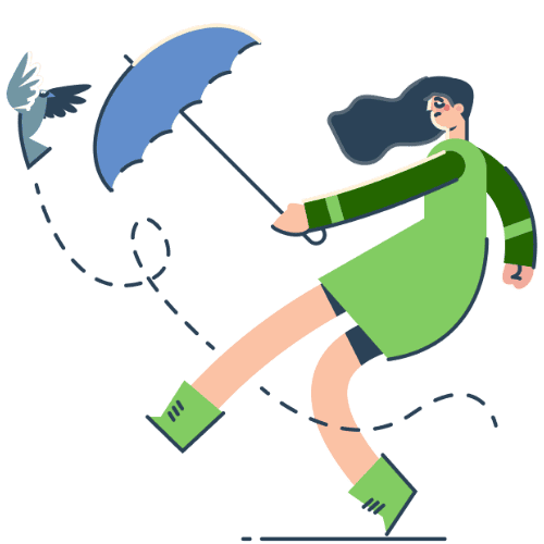 Kleurrijke illustratie van een vrouw met paraplu, vliegende vogel en swingende bewegingen, symboliseert creatieve en dynamische business strategieën voor zakelijk succes.