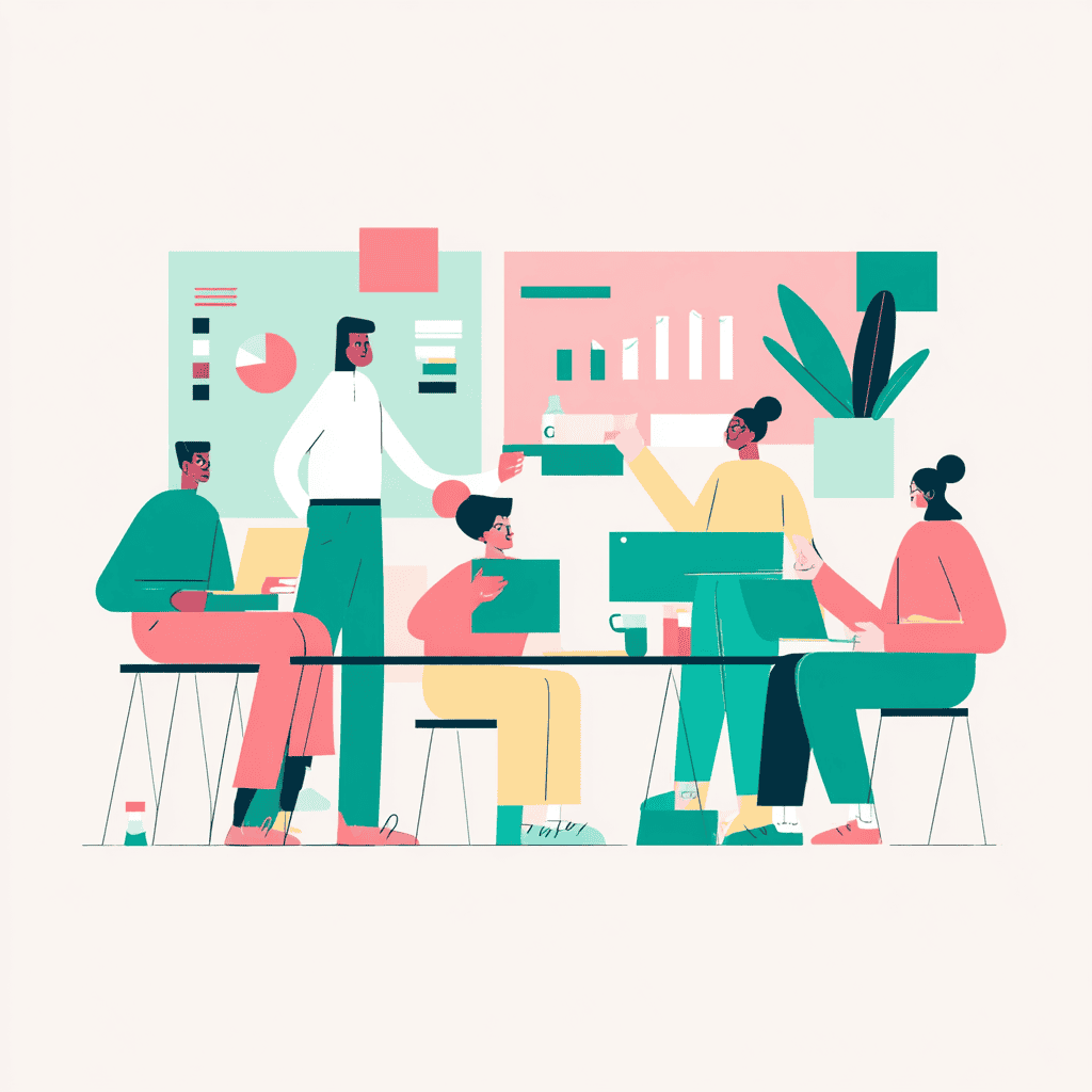 Teamvergadering over bedrijfsstrategie en zakelijke groei, moderne kantooromgeving met grafieken en laptops, focus op ondernemerschap en bedrijfsontwikkeling, zakelijke bijeenkomst, teamwork en planning.
