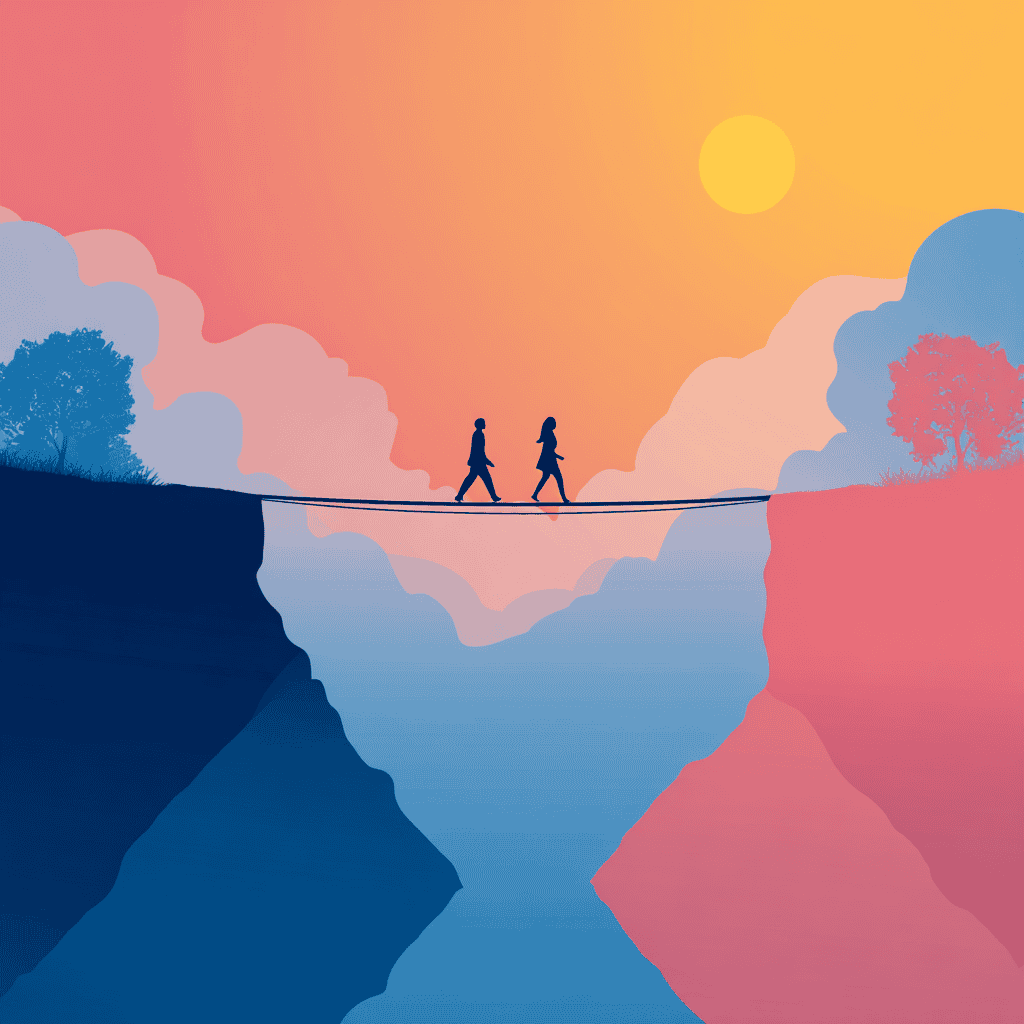 Minimalistische vectorillustratie van twee mensen die oversteken van tevredenheid naar vertrouwen